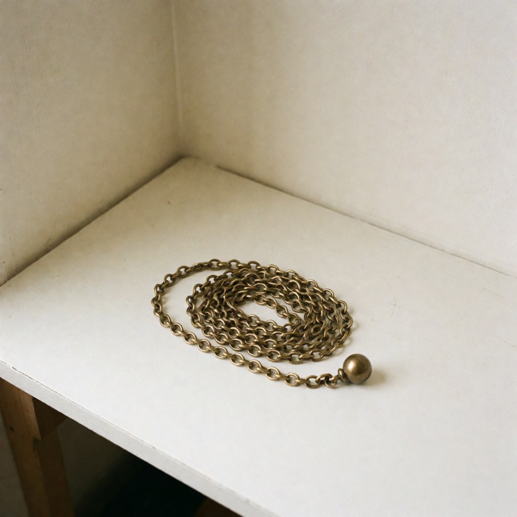 Bronze chain with metal ball on white surface, warm walls, natural light, for fan repair