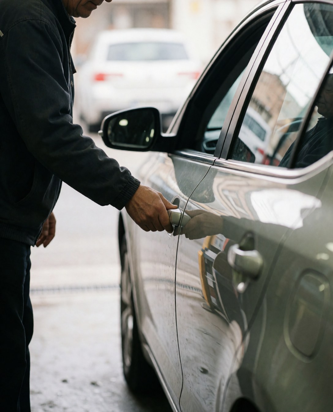Adult customer checking shiny clean car exterior with hand on door handle, spotless paint and realistic vehicle wash scene