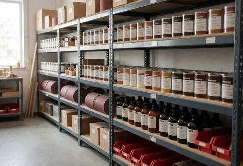 Industrial warehouse shelves filled with antique furniture finishing supplies like varnishes and sandpaper, illuminated by natural light.