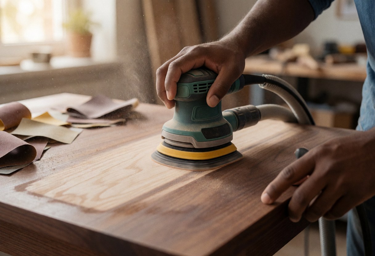 Close-up of a hand using an electric sander to polish a dark wooden table in a furniture repair workshop