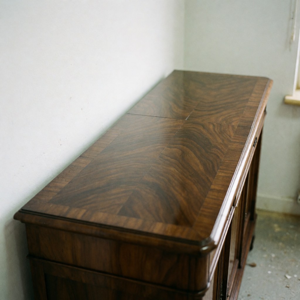 Antique dark wood furniture with a glossy finish reflecting light against white walls and a dusty floor