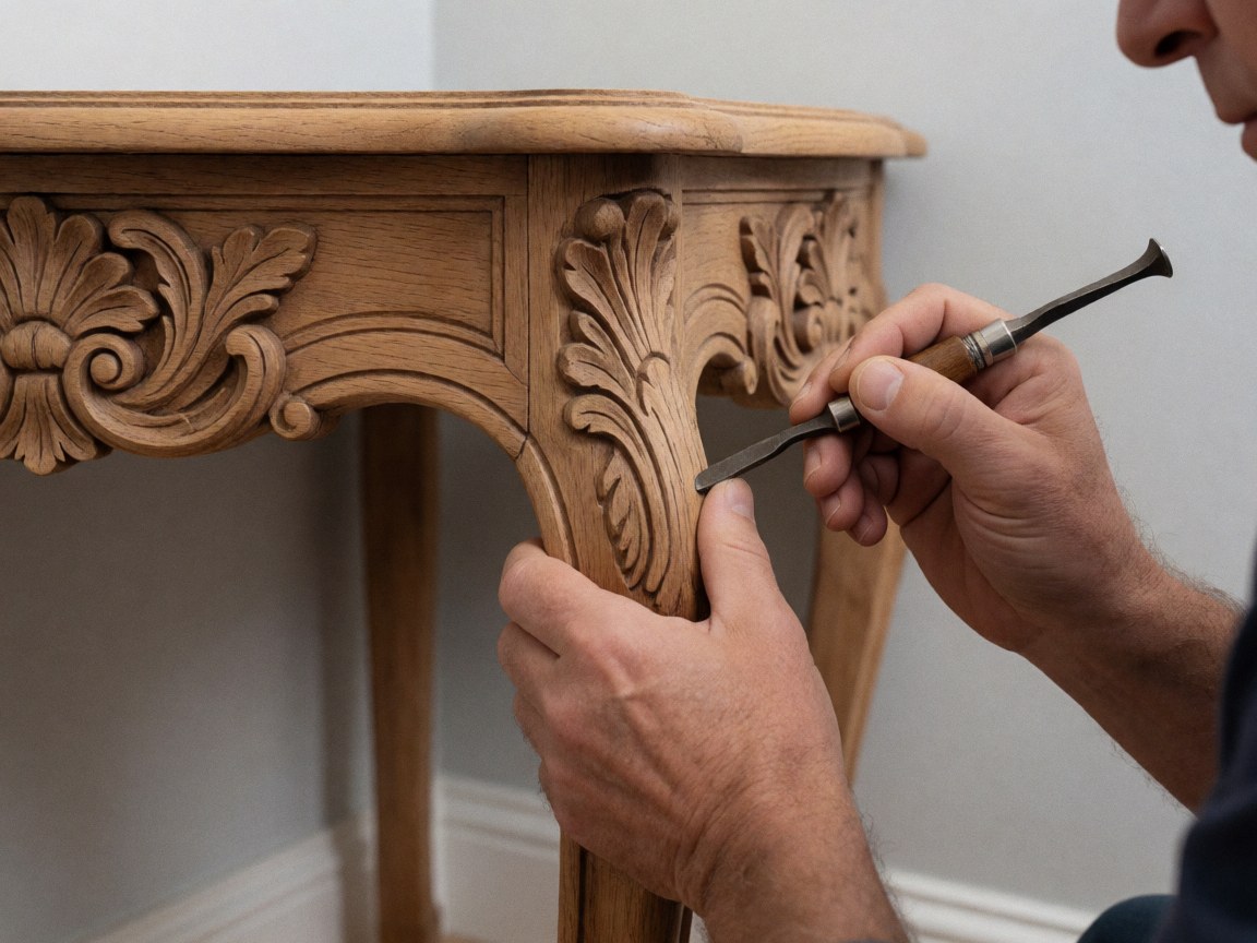 Close-up of hands using a chisel to carve details on an antique wooden table against a light gray wall