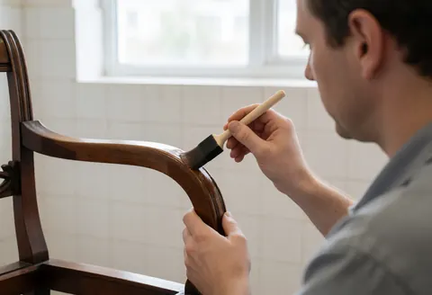 A restorer applies varnish to an antique piece of furniture using a foam brush in a workshop with white tiled walls and natural light.