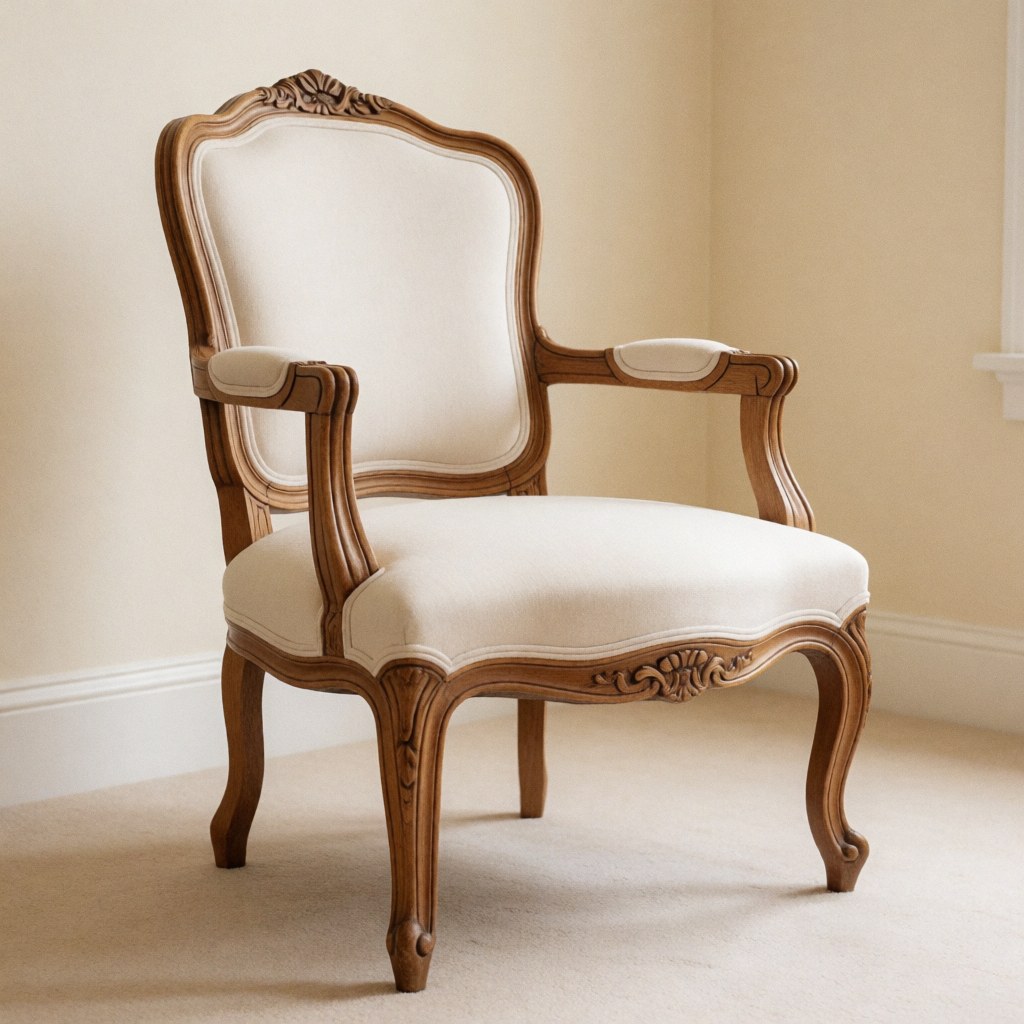 Restored carved wooden chair with white upholstery in a studio with beige walls and carpeted floor