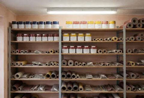 Shelves filled with varnishes, sandpaper, and tools for antique furniture restoration in a workshop with terracotta walls and fluorescent lighting