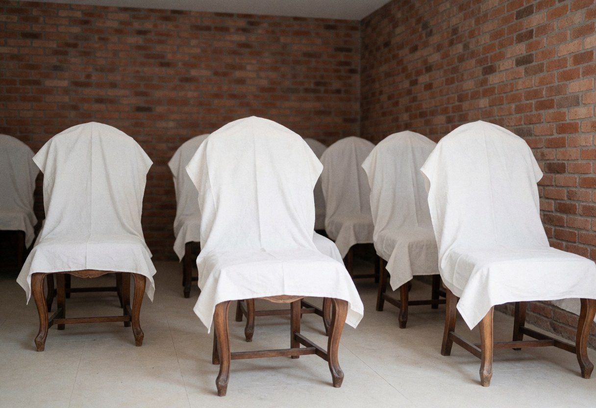 Wooden antique chairs covered with white fabric in a brick-walled workshop ready for restoration
