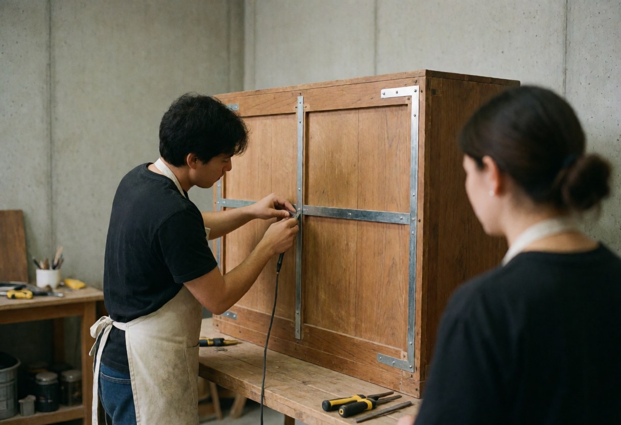 A restorer installs metal reinforcements on the back of an antique piece in a workshop with concrete walls and tools.