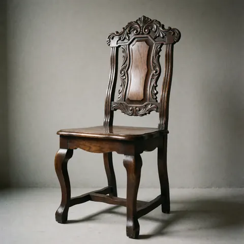 Restored dark wood chair featuring curved legs and a carved backrest, set against a neutral gray background.