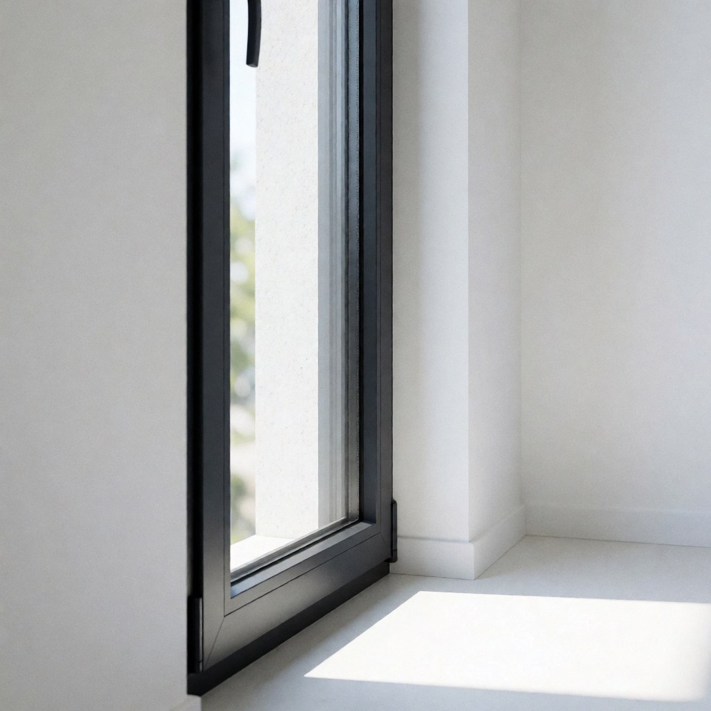 Modern aluminum insulated window with black frame installed in a white wall, natural light casting soft shadows on the floor.
