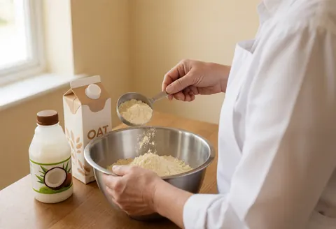 Chef adding almond flour to a metal mixing bowl with coconut and oat milk on a wooden table