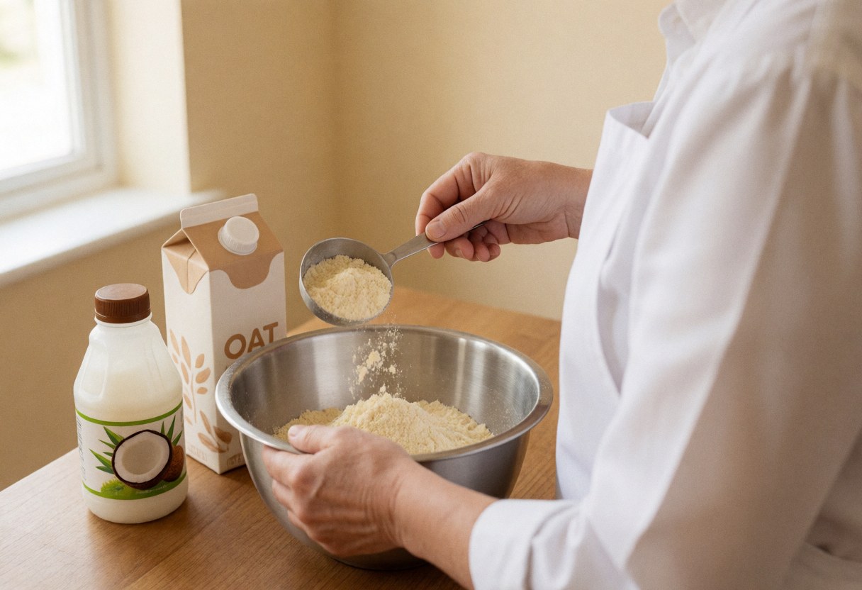 Chef adding almond flour to a metal mixing bowl with coconut and oat milk on a wooden table