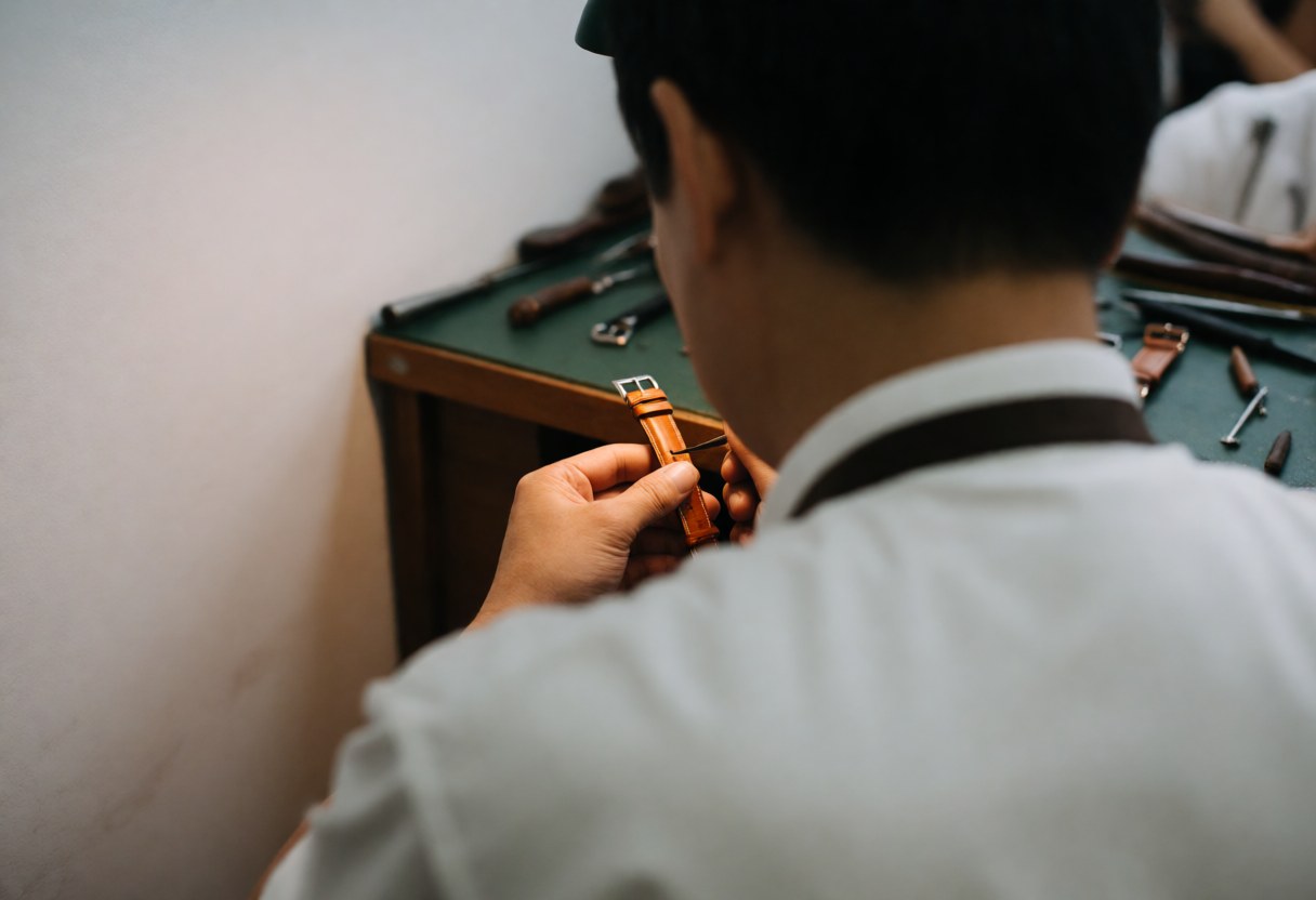 A watchmaker in a white shirt applies treatment to a brown leather strap on a green workbench with tools.
