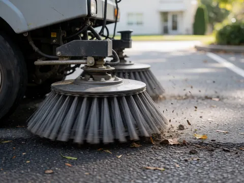 Rotating industrial cleaning brushes sweeping leaves and dirt from the asphalt surface in a realistic maintenance scene.