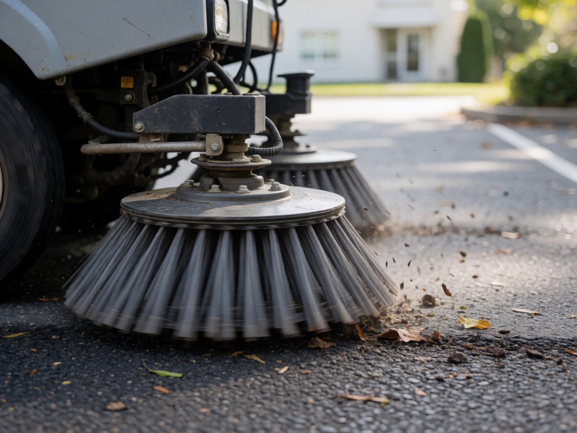 Rotating industrial cleaning brushes sweeping leaves and dirt from the asphalt surface in a realistic maintenance scene.