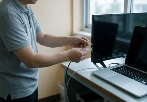 Technician in gray shirt connects USB device to black TV with silver laptop on work table near window
