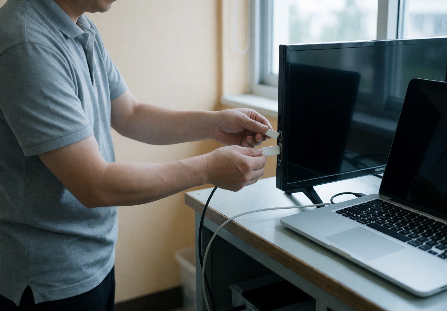 Technician in gray shirt connects USB device to black TV with silver laptop on work table near window