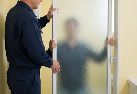 Professional installer in dark blue uniform mounting a textured glass panel into a white bathroom frame against a pale yellow wall.