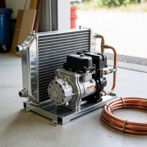 Close-up view of a camper refrigeration unit featuring copper tubing and aluminum components in a workshop setting.