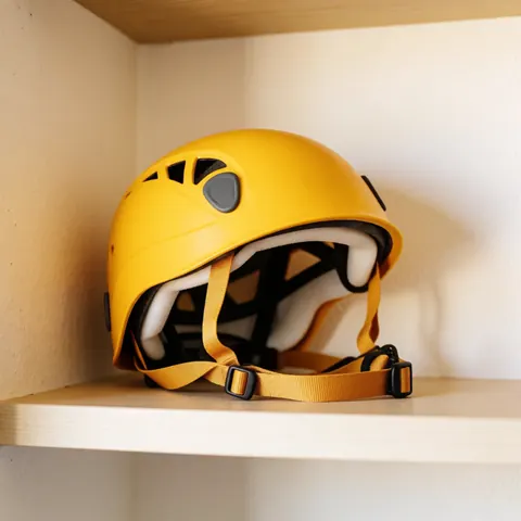 Yellow climbing helmet with white strap and lining resting on a wooden shelf under warm lighting