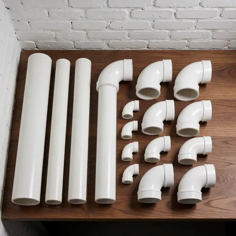 White PVC pipes and elbows arranged on a wooden table with a white brick wall background, materials for pool installation