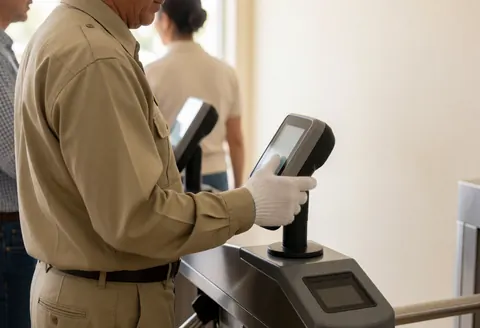 Uniformed employee scanning a ticket at a turnstile with a blurred background and morning light
