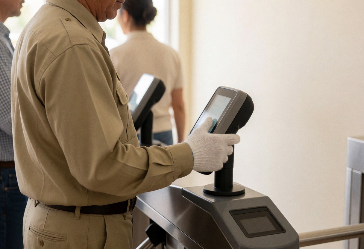 Uniformed employee scanning a ticket at a turnstile with a blurred background and morning light