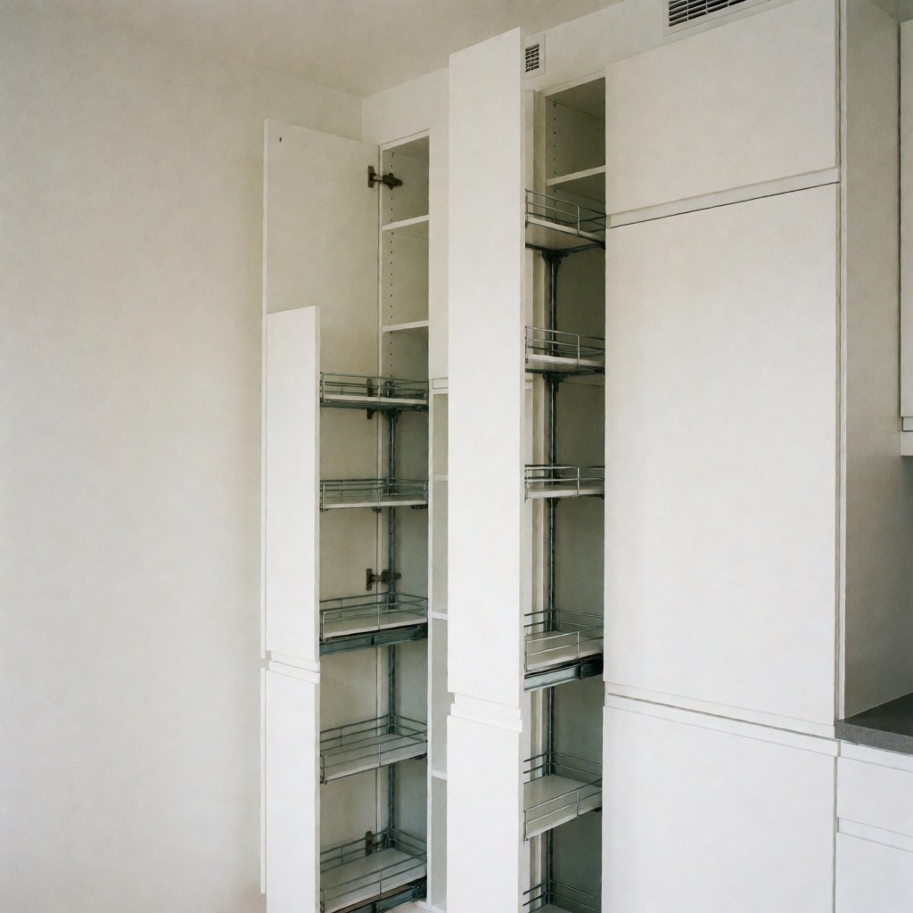 Compact white kitchen cabinets with folding shelves and smooth walls illuminated by natural light, ideal for small spaces.