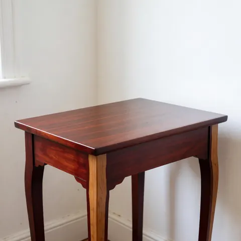 Antique wooden table with curved legs and glossy finish in a white-walled studio with natural light