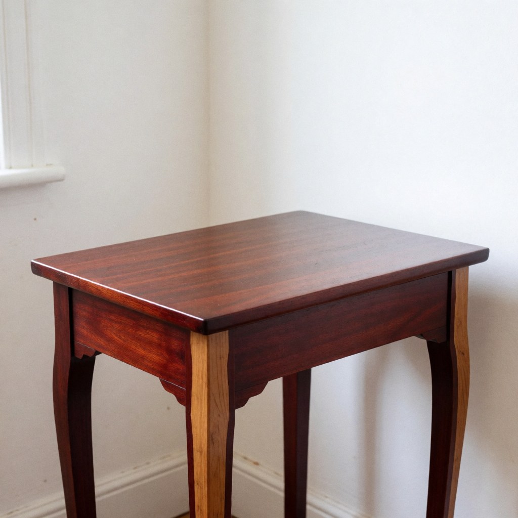 Antique wooden table with curved legs and glossy finish in a white-walled studio with natural light