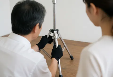 A technician wearing black gloves adjusts a microphone tripod on a wooden floor with a white background while another person watches.