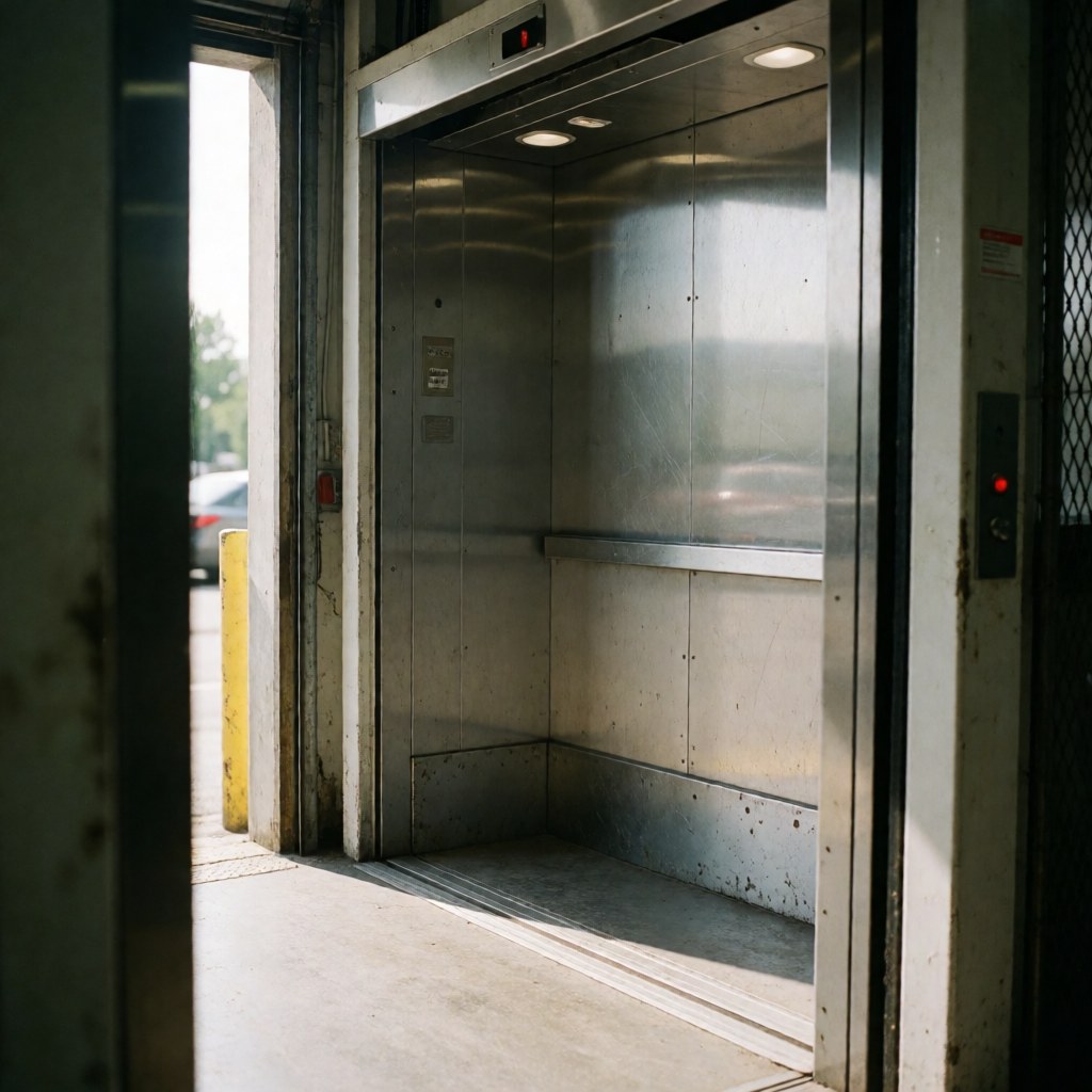Empty industrial elevator interior featuring metal walls, a steel threshold, and natural sunlight entering through the open door.