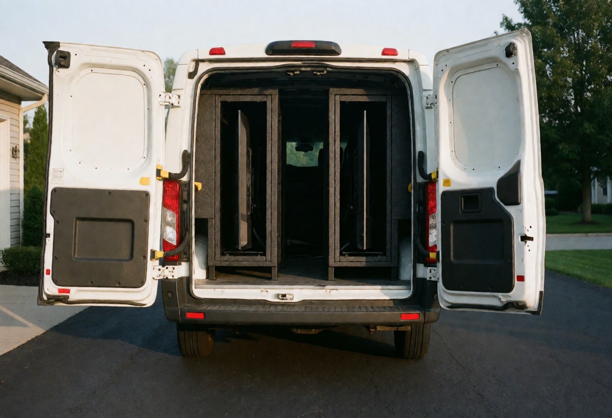 White work van parked on a paved street with rear doors open, revealing interior shelving designed for transporting televisions.