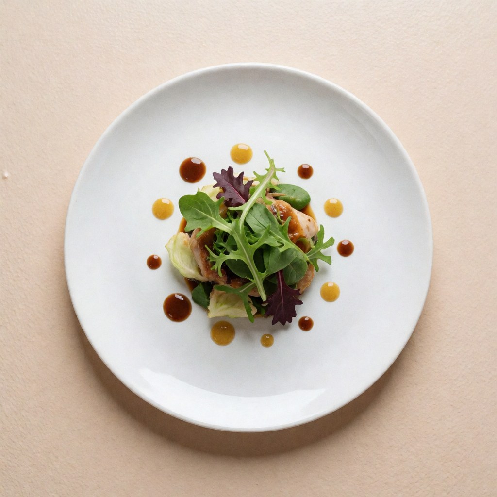 Top-down view of a white plate holding a green salad with brown and yellow sauces on a soft beige background
