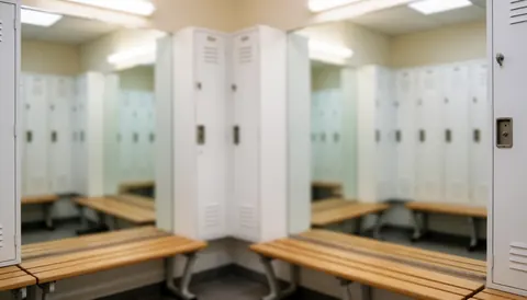 Background of white lockers and wooden benches with mirrors reflecting light, suitable for text and graphic design
