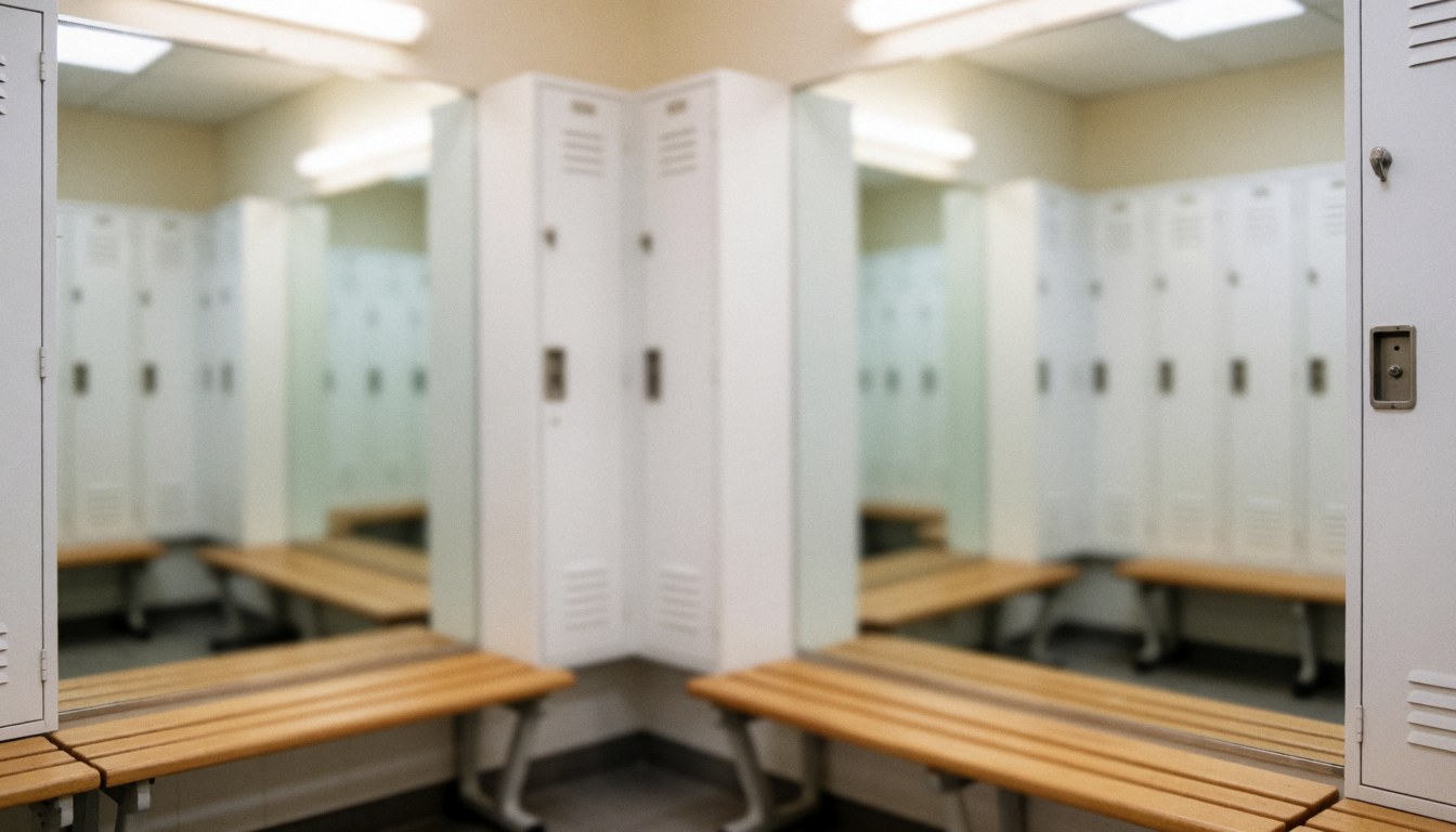 Background of white lockers and wooden benches with mirrors reflecting light, suitable for text and graphic design
