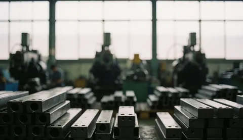 Blurred industrial background with stacked metal parts and machinery, suitable for text overlays on metal stamping services.