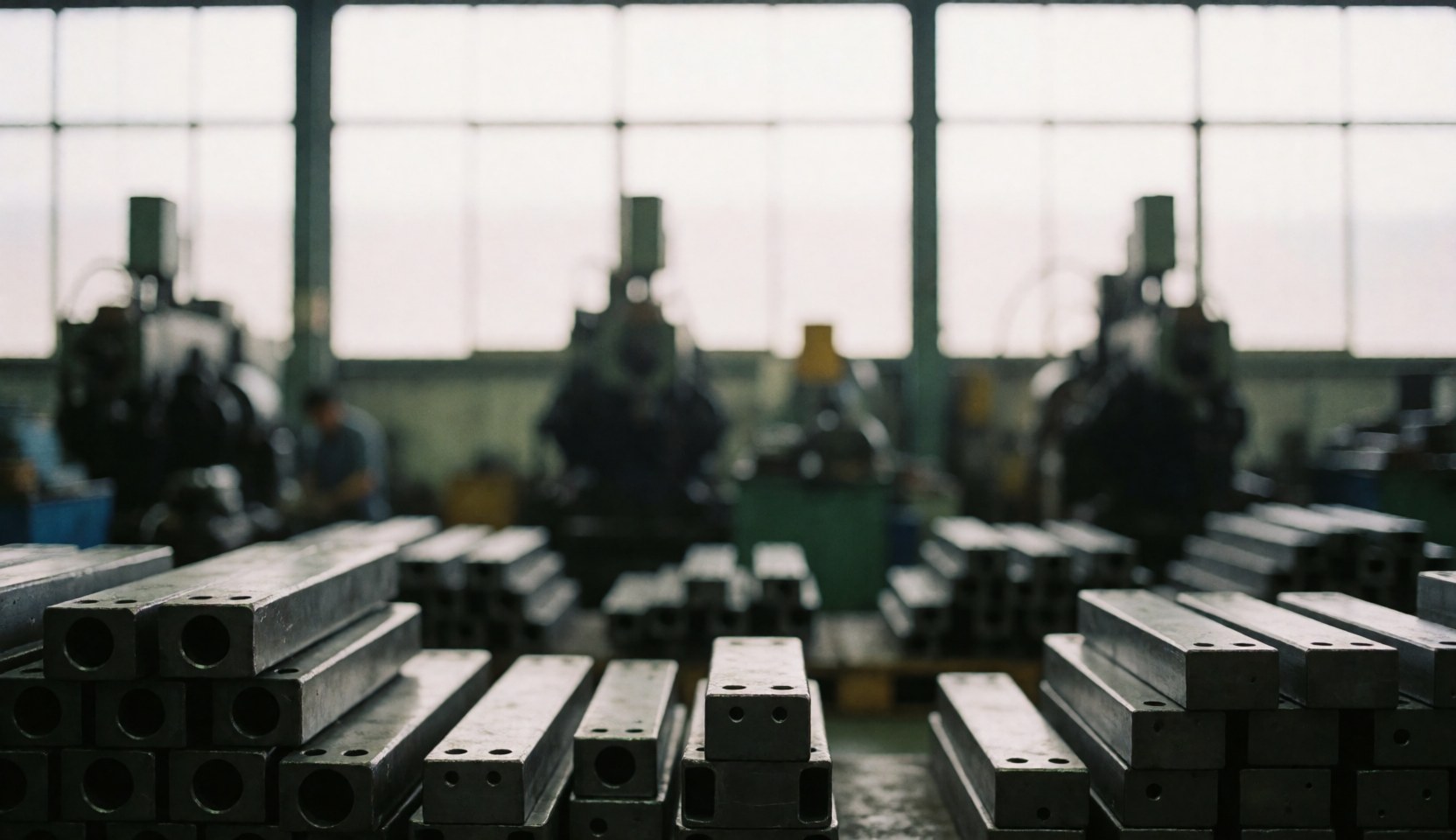 Blurred industrial background with stacked metal parts and machinery, suitable for text overlays on metal stamping services.