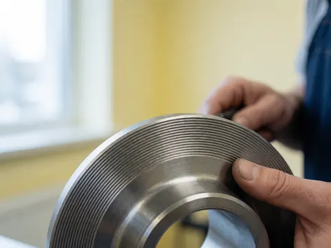 Close-up of a metal flange with concentric grooves held by hands against a yellow wall with natural light