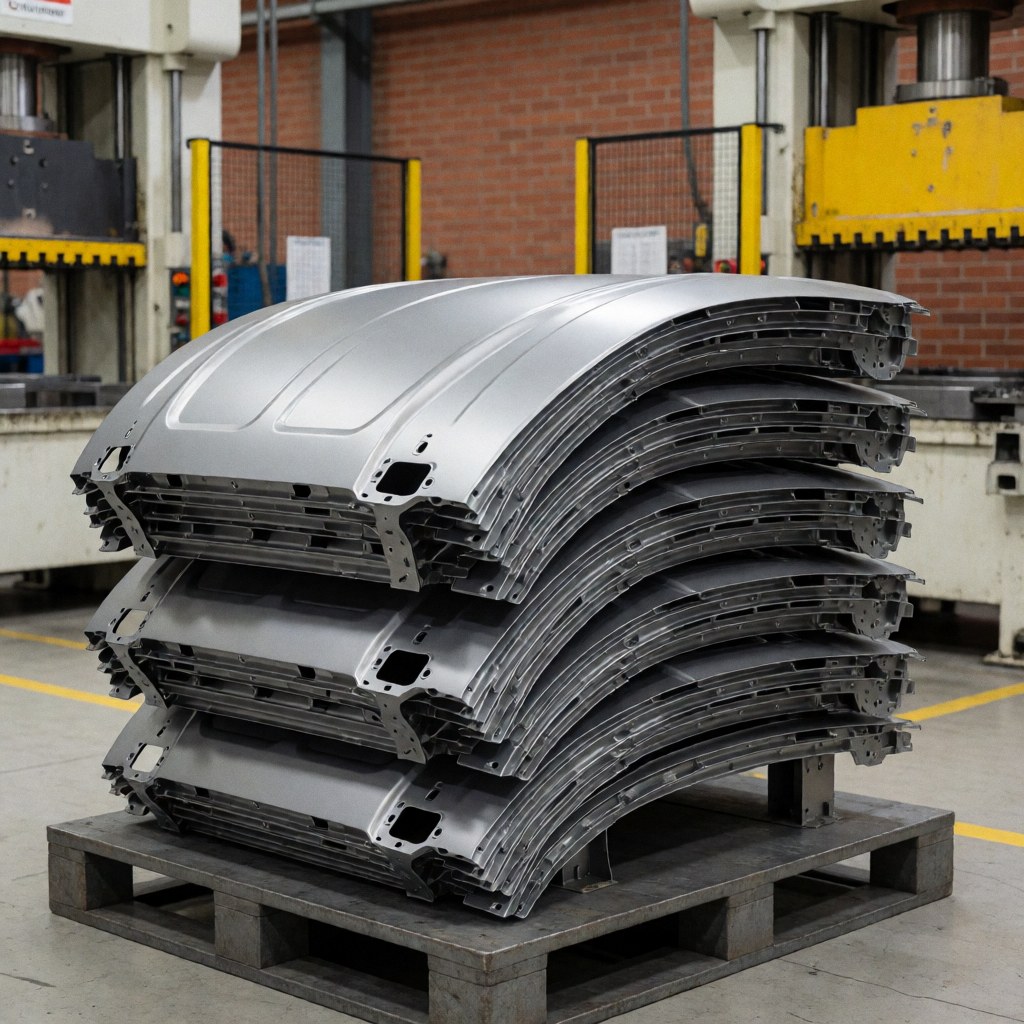 Stack of freshly stamped metal car body components on a pallet in a factory with industrial presses and red brick walls in the background