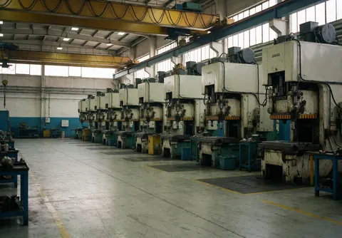 Industrial metal stamping presses aligned in a factory with yellow cranes and concrete floor. Spacious, clean space well lit by high windows.