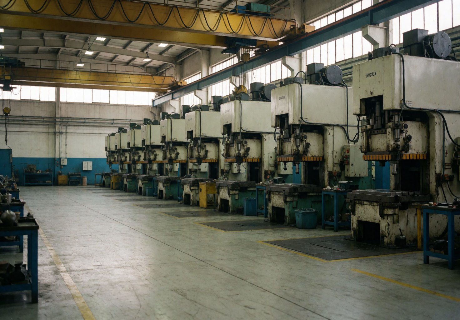 Industrial metal stamping presses aligned in a factory with yellow cranes and concrete floor. Spacious, clean space well lit by high windows.
