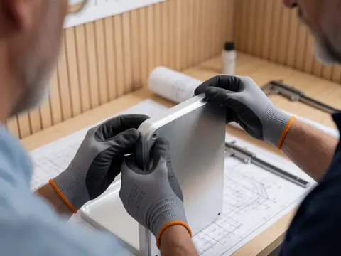 Close-up of gloved hands inspecting the polished edge of a metal box with technical blueprints and calipers in the background.