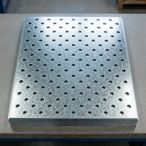 Neatly stacked pile of galvanized metal sheets with circular perforations on an industrial workbench, featuring bright lighting and metallic reflections