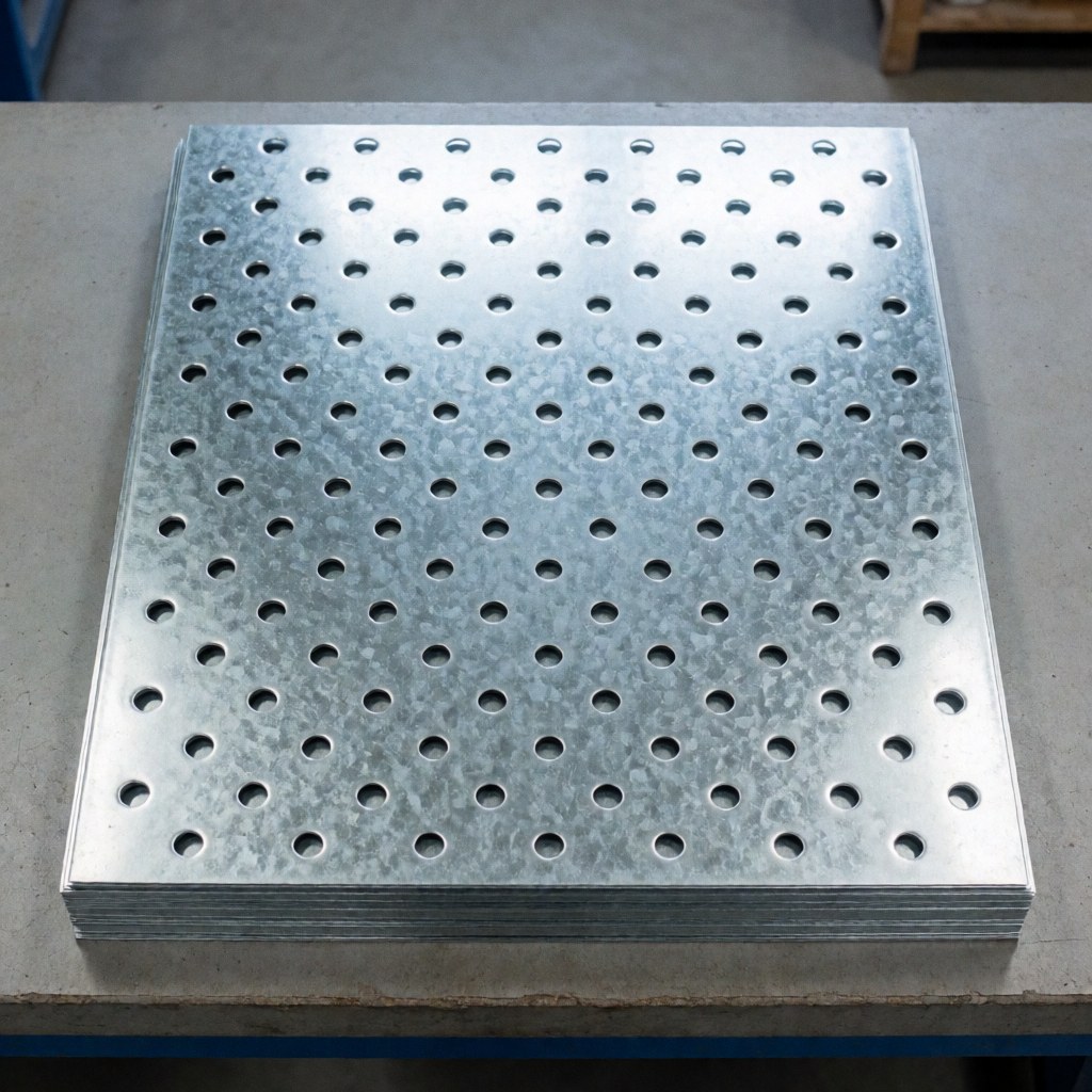 Neatly stacked pile of galvanized metal sheets with circular perforations on an industrial workbench, featuring bright lighting and metallic reflections