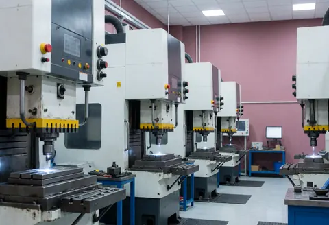 Interior of a metal stamping factory featuring large, shiny industrial machines, pink walls, and a clean floor in a professional setting.