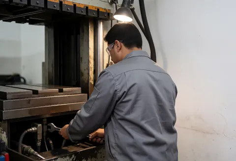 Technician wearing safety glasses adjusting a pipe in an industrial hydraulic press with tools and metal visible in the workshop.