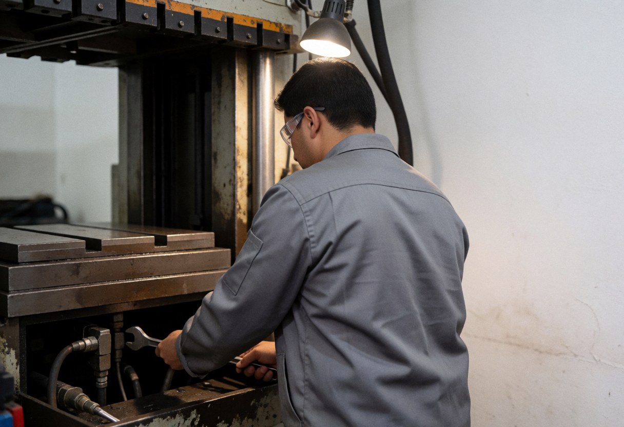Technician wearing safety glasses adjusting a pipe in an industrial hydraulic press with tools and metal visible in the workshop.