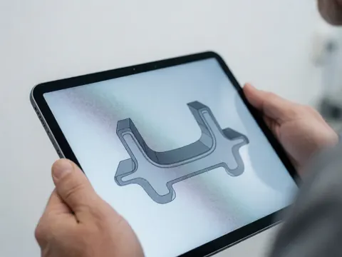 Hands holding a tablet displaying a 3D technical design of a metal part against a blurred white background with clinical lighting.