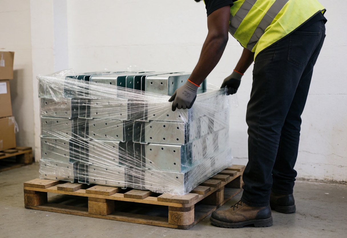 Worker in a factory wraps a metal pallet with clear protective film. White walls, industrial floor, gloves and reflective vest.
