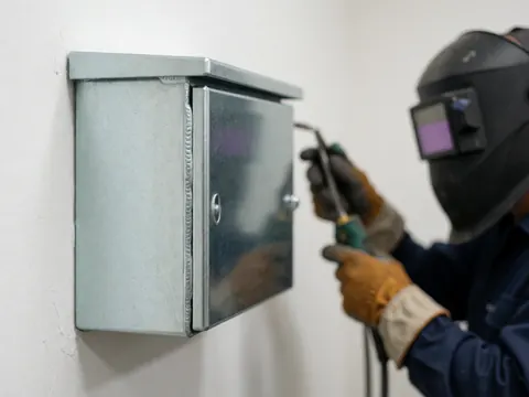 Close-up detail of a worker welding a metal box against a white background, highlighting the industrial process and safety equipment.